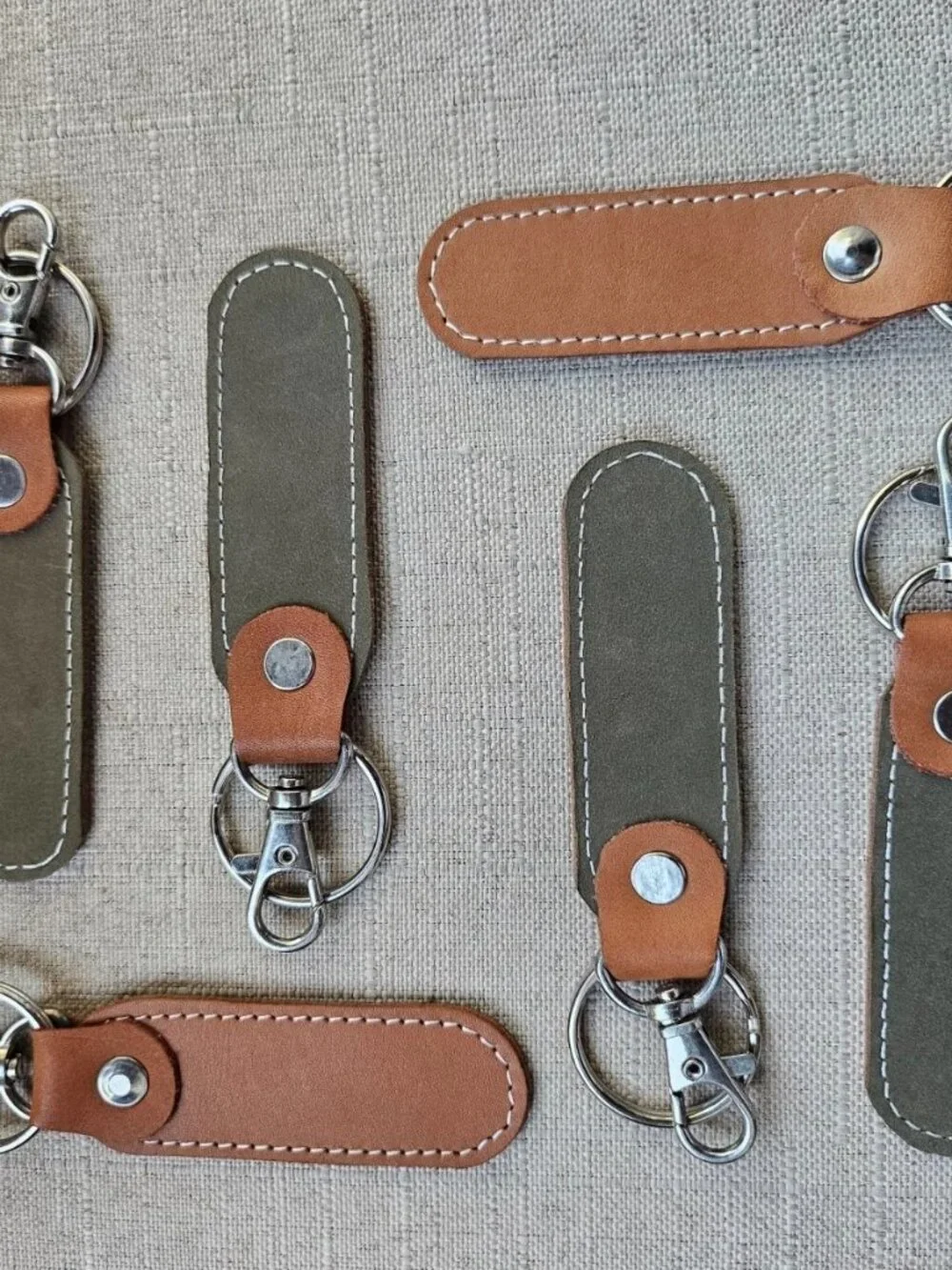 Lot of 6 Keychains Double Sided Genuine Leather Handmade Keys Holder Brown/Olive